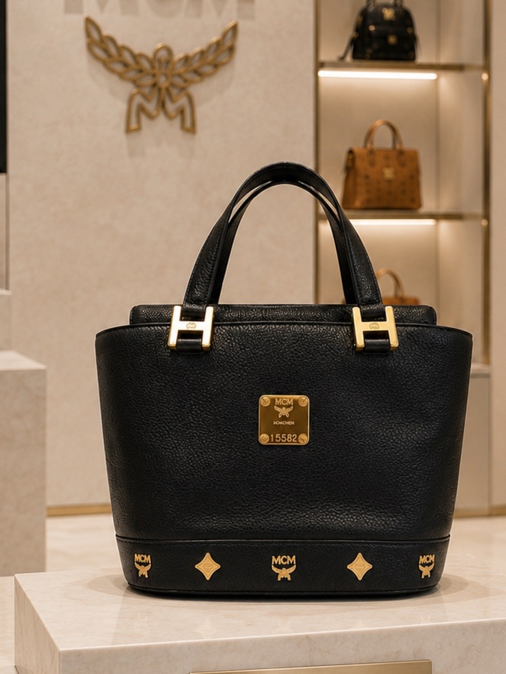 MCM München Small Satchel Bag Black Grained Leather w/ Gold Hardware